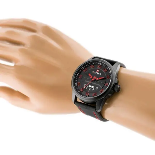 Naviforce NF9124 Luxury Leather Strap Quartz Analog Casual Style Fashion Men's Watch – Dial Color: Red, Strap Color: Black – View 6