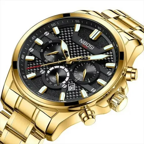 Nibosi 2510 Waterproof & Chronograph Stylish Men's Watch – Dial Color: Black, Strap Color: Gold – View 2