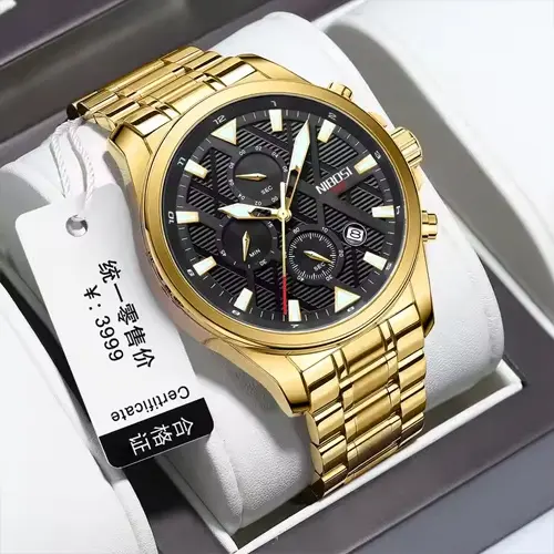 Nibosi 2510 Waterproof & Chronograph Stylish Men's Watch – Dial Color: Black, Strap Color: Gold – View 3