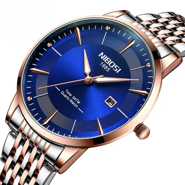 Nibosi 2525 Classic Stainless Steel Analog Fashion Men's Watch – Dial Color: Navy Blue, Strap Color:  Brown  – View 2