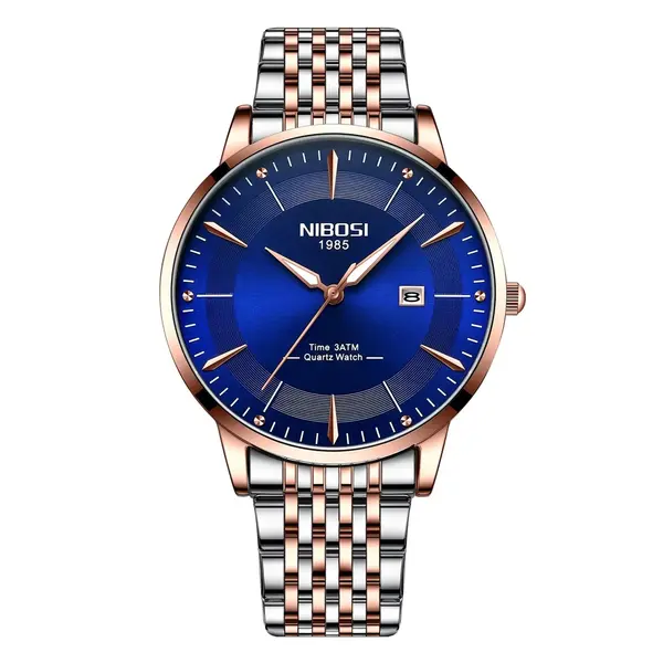 Nibosi 2525 Classic Stainless Steel Analog Fashion Men's Watch – Dial Color: Navy Blue, Strap Color:  Brown  – View 1