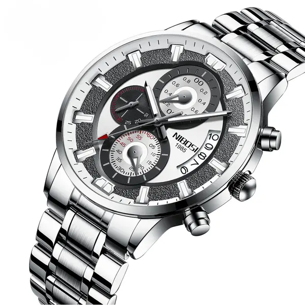Nibosi 2382 Luxury Stainless Steel Waterproof Men's Watch – Dial Color: White, Strap Color: White – View 2