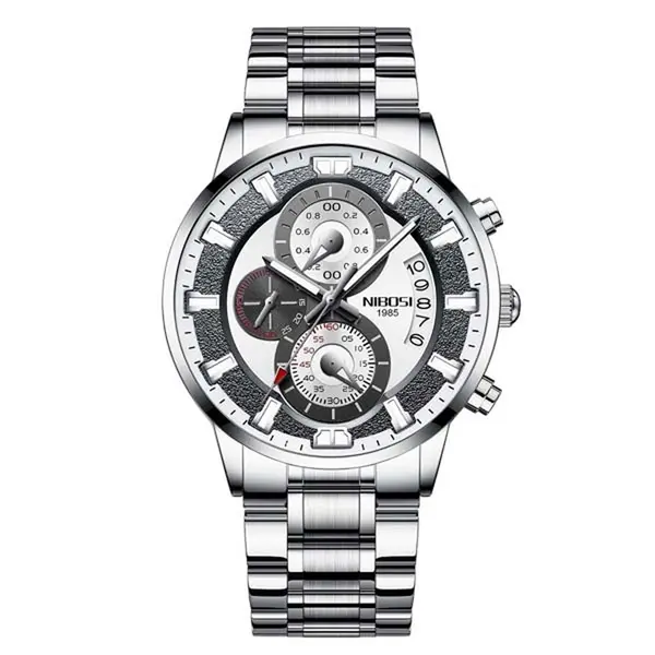 Nibosi 2382 Luxury Stainless Steel Waterproof Men's Watch – Dial Color: White, Strap Color: White – View 1