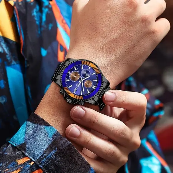 Nibosi 2553 Luxury Stainless Steel & Chronograph Men's Watch – Dial Color: Blue, Strap Color: Black – View 4