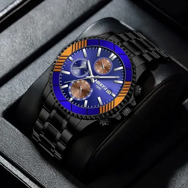 Nibosi 2553 Luxury Stainless Steel & Chronograph Men's Watch – Dial Color: Blue, Strap Color: Black – View 3