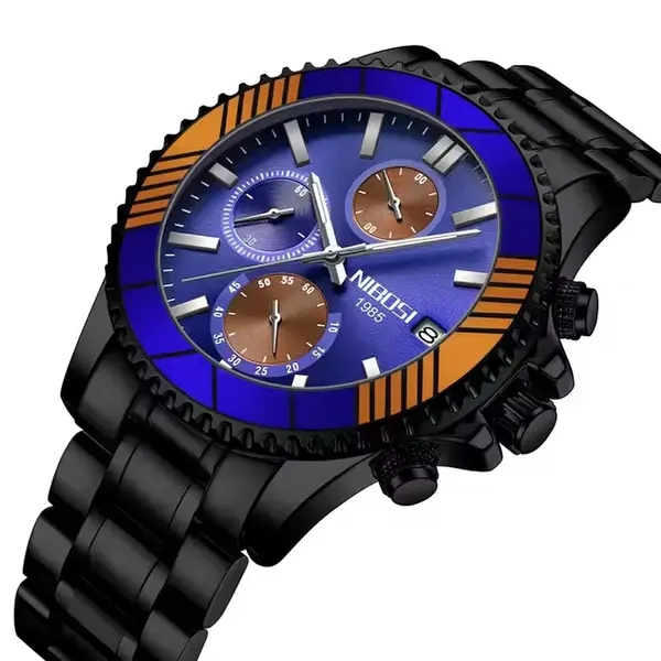Nibosi 2553 Luxury Stainless Steel & Chronograph Men's Watch – Dial Color: Blue, Strap Color: Black – View 2