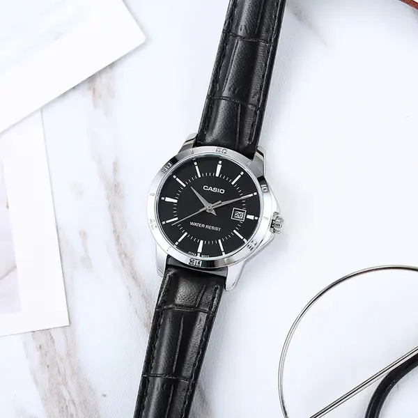 CASIO LTP-V004L-1AUDF Classic Leather Strap Stainless Steel Women's Analog Quartz Watch – Dial Color: Black, Strap Color: Black – View 5