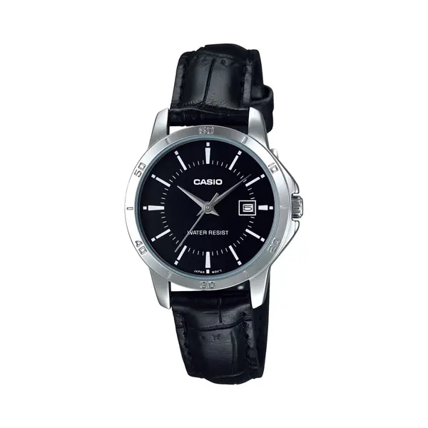 CASIO LTP-V004L-1AUDF Classic Leather Strap Stainless Steel Women's Analog Quartz Watch – Dial Color: Black, Strap Color: Black – View 1