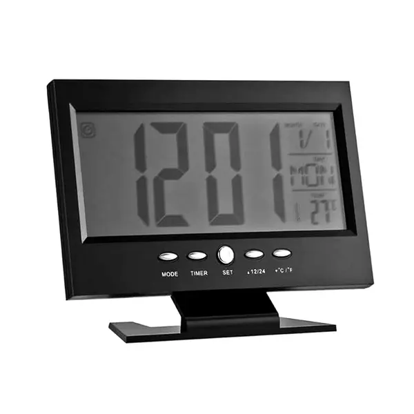 Digital table clock Voice Control LED Snooze Alarm Clock – Color: Black – View 2