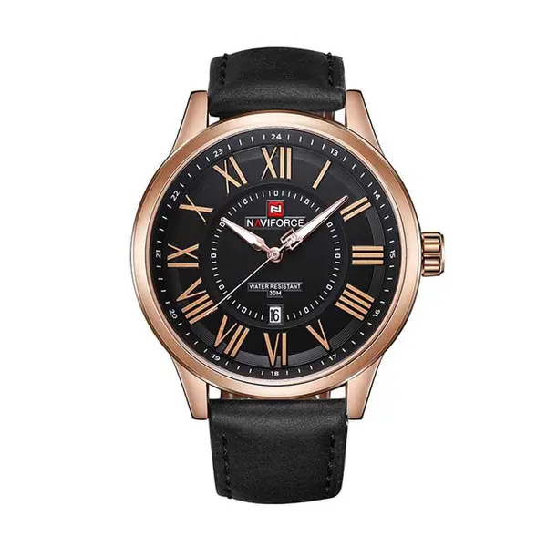 Naviforce NF9126 Luxury Genuine Leather Strap Casual Fashion Men's Watch – Dial Color: Gold, Strap Color: Black – View 1