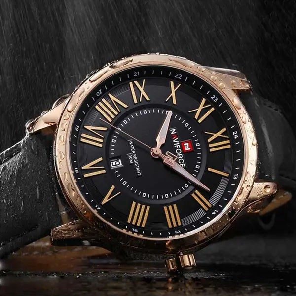 Naviforce NF9126 Luxury Genuine Leather Strap Casual Fashion Men's Watch – Dial Color: Gold, Strap Color: Black – View 2