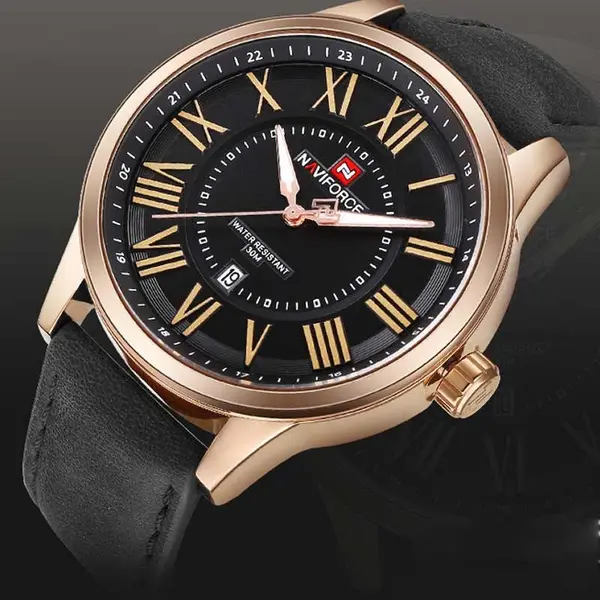 Naviforce NF9126 Luxury Genuine Leather Strap Casual Fashion Men's Watch – Dial Color: Gold, Strap Color: Black – View 3