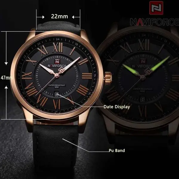 Naviforce NF9126 Luxury Genuine Leather Strap Casual Fashion Men's Watch – Dial Color: Gold, Strap Color: Black – View 4