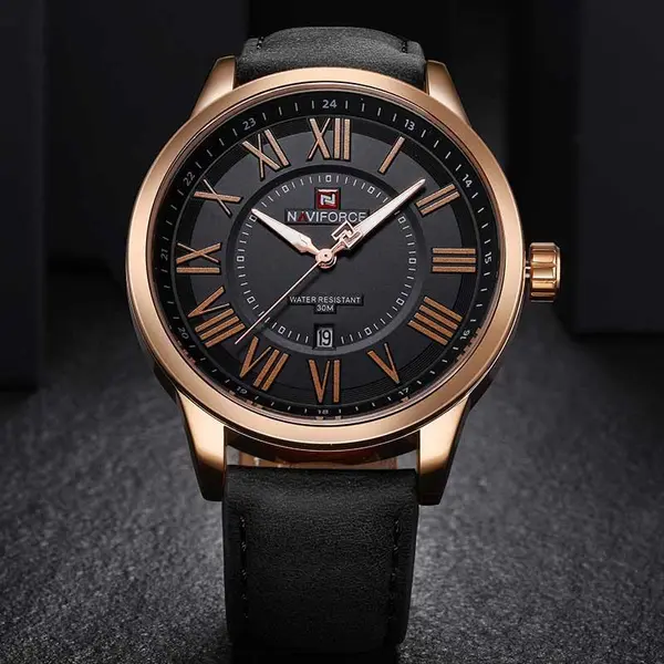 Naviforce NF9126 Luxury Genuine Leather Strap Casual Fashion Men's Watch – Dial Color: Gold, Strap Color: Black – View 5