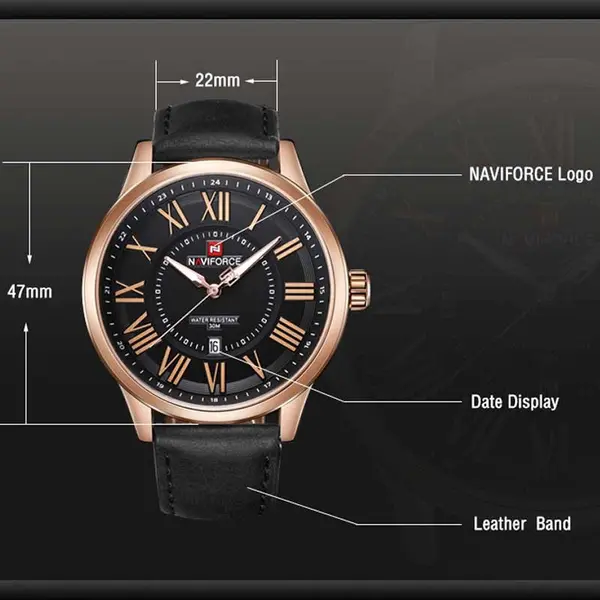 Naviforce NF9126 Luxury Genuine Leather Strap Casual Fashion Men's Watch – Dial Color: Gold, Strap Color: Black – View 6