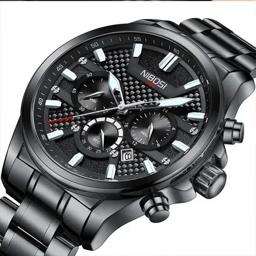 Nibosi 2512 High Quality Stainless Steel & Multifunction Chronograph Men's Watch – Dial Color: Black, Strap Color: Black – View 3