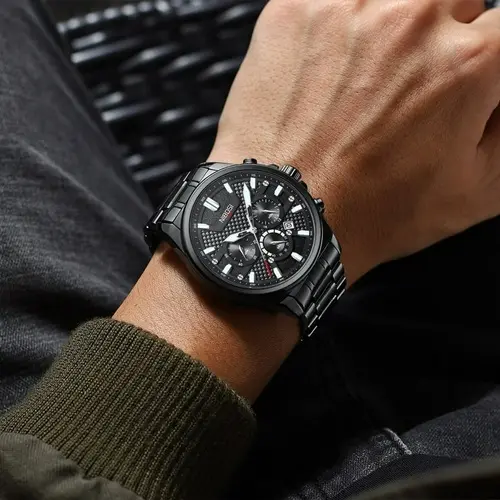 Nibosi 2512 High Quality Stainless Steel & Multifunction Chronograph Men's Watch – Dial Color: Black, Strap Color: Black – View 4