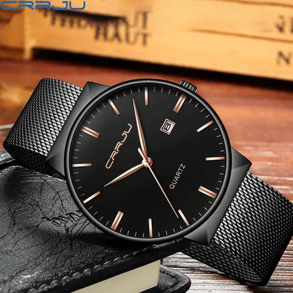 CRRJU 2213 Ultrathin Stainless Steel Multifunctional Analog Quartz Men's Watch – Dial Color: Rose Gold, Strap Color: Black – View 2