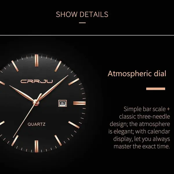 CRRJU 2213 Ultrathin Stainless Steel Multifunctional Analog Quartz Men's Watch – Dial Color: Rose Gold, Strap Color: Black – View 4