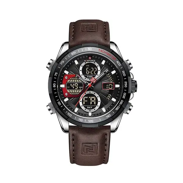Naviforce NF9197L Comfortable Genuine Leather Strap Dual Display Sport Men's Watch – Dial Color: Black, Strap Color:  Brown  – View 1
