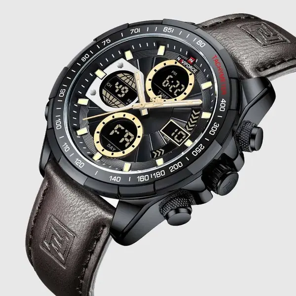 Naviforce NF9197L Comfortable Genuine Leather Strap Dual Display Sport Men's Watch – Dial Color: Black, Strap Color:  Brown  – View 3