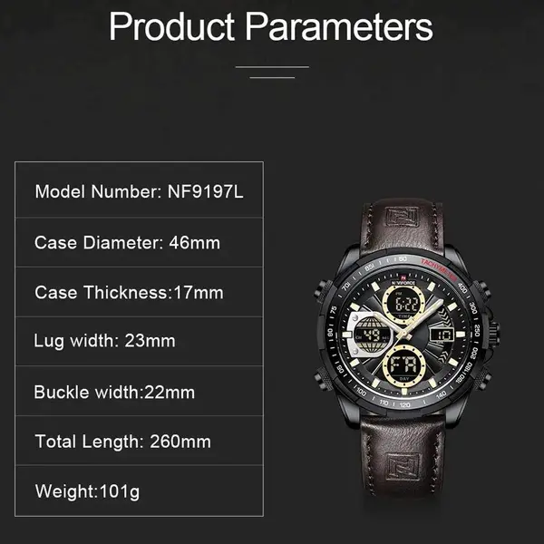 Naviforce NF9197L Comfortable Genuine Leather Strap Dual Display Sport Men's Watch – Dial Color: Black, Strap Color:  Brown  – View 7