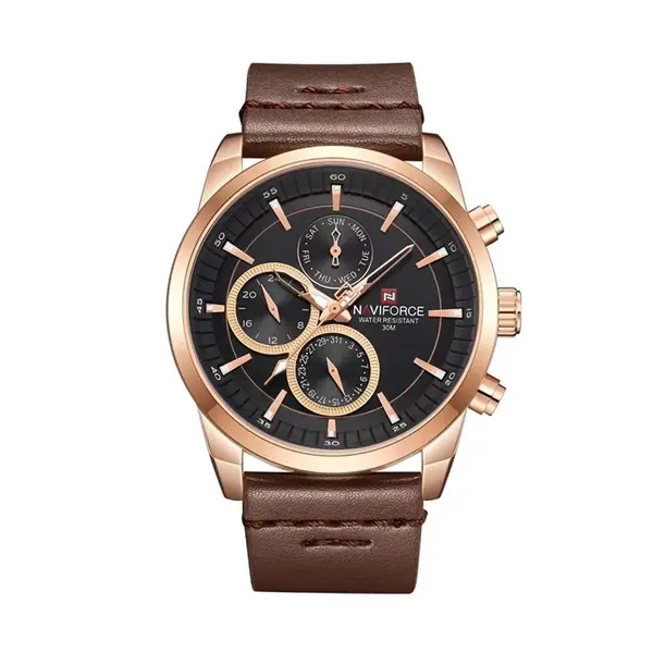 Naviforce NF9148 Custom Luxury Leather Strap Quartz Casual Men's Watch – Dial Color: Rose Gold, Strap Color:  Brown  – View 1