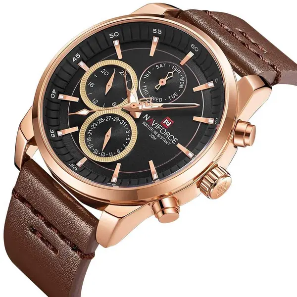 Naviforce NF9148 Custom Luxury Leather Strap Quartz Casual Men's Watch – Dial Color: Rose Gold, Strap Color:  Brown  – View 3