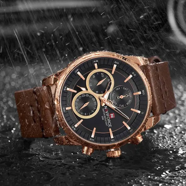 Naviforce NF9148 Custom Luxury Leather Strap Quartz Casual Men's Watch – Dial Color: Rose Gold, Strap Color:  Brown  – View 4