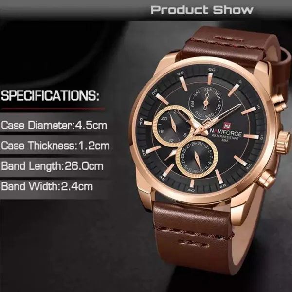 Naviforce NF9148 Custom Luxury Leather Strap Quartz Casual Men's Watch – Dial Color: Rose Gold, Strap Color:  Brown  – View 7