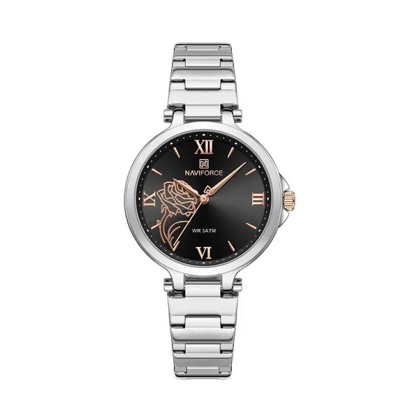 Naviforce NF5060 Luxury Stainless Steel Strap Elegant Fashion Women's Watch – Dial Color: Black, Strap Color: Silver – View 1