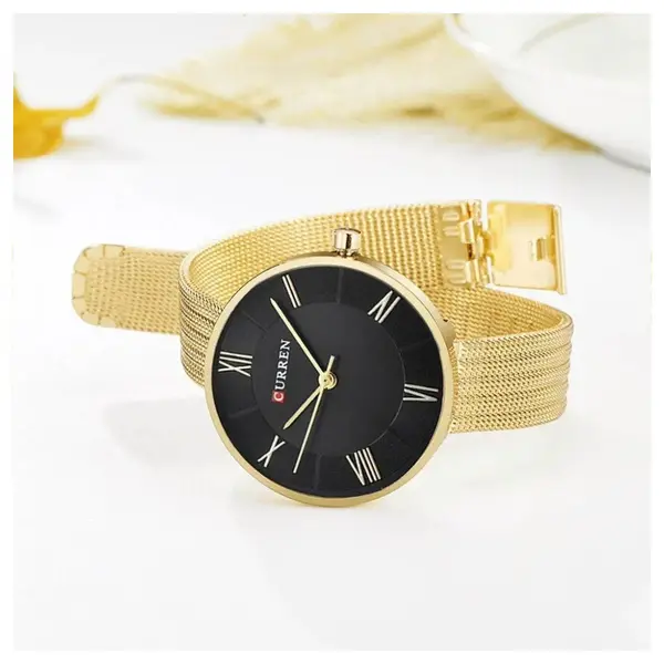 CURREN 9020 Mesh Stainless Steel Analog Watch For Women – Dial Color: Black, Strap Color: Gold  – View 2