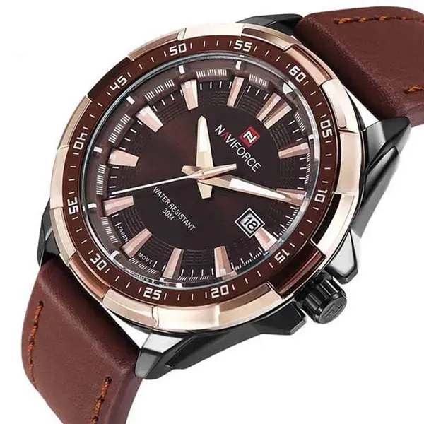 Naviforce NF9056 Comfortable Genuine Leather Strap Quartz Men' Fashion Watch  – Dial Color: Gold, Strap Color:  Brown  – View 2