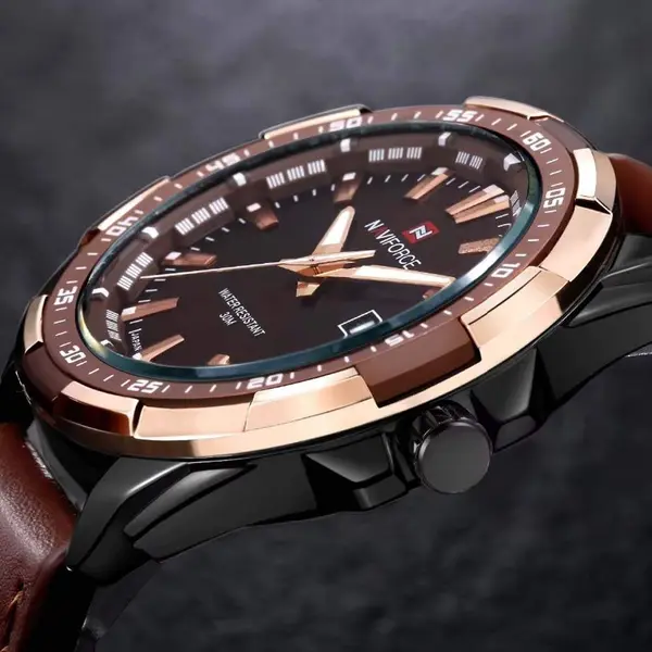 Naviforce NF9056 Comfortable Genuine Leather Strap Quartz Men' Fashion Watch  – Dial Color: Gold, Strap Color:  Brown  – View 3