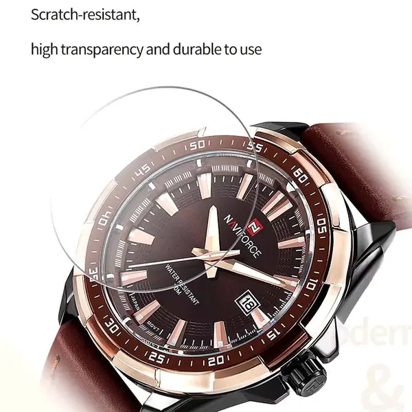 Naviforce NF9056 Comfortable Genuine Leather Strap Quartz Men' Fashion Watch  – Dial Color: Gold, Strap Color:  Brown  – View 5