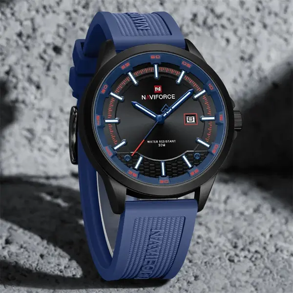 Naviforce NF9248T Waterproof Comfortable Silicone Strap Quartz Sports Men's Watch – Dial Color: Black, Strap Color: Blue – View 2