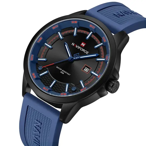 Naviforce NF9248T Waterproof Comfortable Silicone Strap Quartz Sports Men's Watch – Dial Color: Black, Strap Color: Blue – View 3