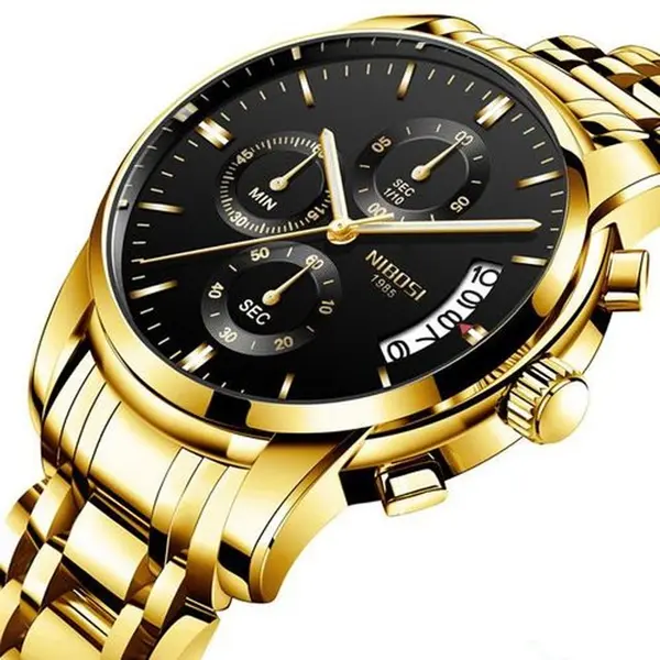 Nibosi 2353 High Quality Stainless Steel Analogue Men's Watch  – Dial Color: Black Gold, Strap Color: Gold – View 2