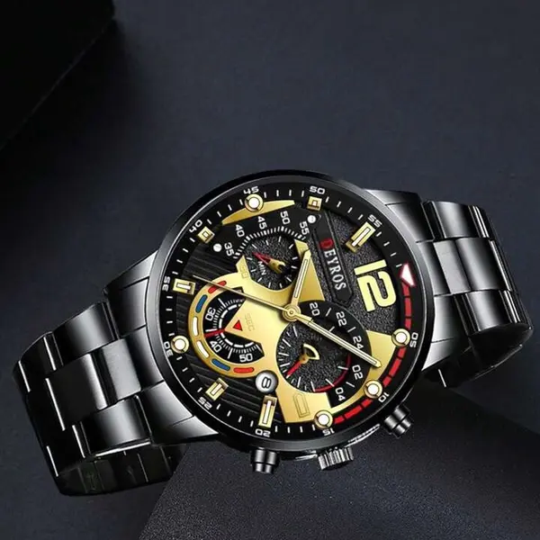 NIBOSI 2397 Luxury Stainless Steel Analog Men's Watch – Dial Color: Black Gold, Strap Color: Black – View 3