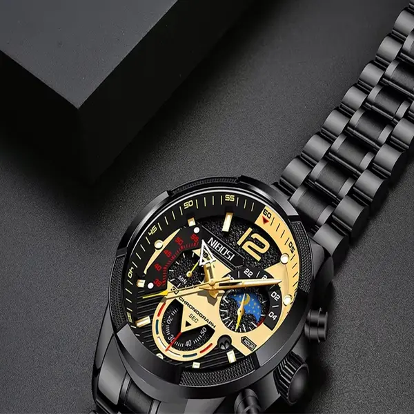 NIBOSI 2397 Luxury Stainless Steel Analog Men's Watch – Dial Color: Black Gold, Strap Color: Black – View 4