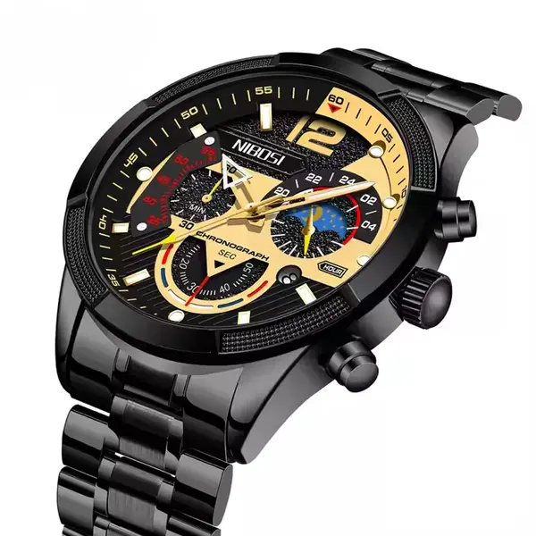 NIBOSI 2397 Luxury Stainless Steel Analog Men's Watch – Dial Color: Black Gold, Strap Color: Black – View 2