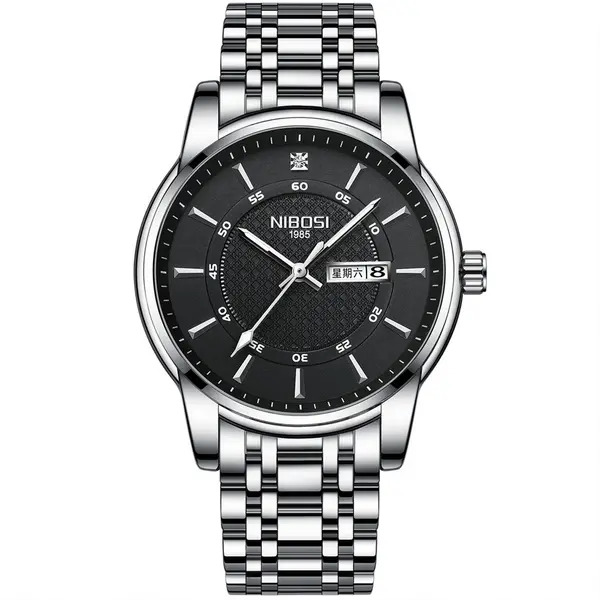Nibosi 2569 Roman Number With Stainless Steel Analog Men's Watch – Dial Color: Black, Strap Color: White – View 1