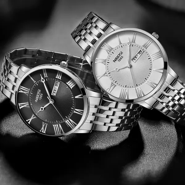 Nibosi 2569 Roman Number With Stainless Steel Analog Men's Watch – Dial Color: Black, Strap Color: White – View 5