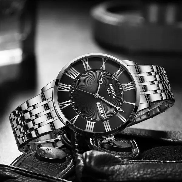 Nibosi 2569 Roman Number With Stainless Steel Analog Men's Watch – Dial Color: Black, Strap Color: White – View 4