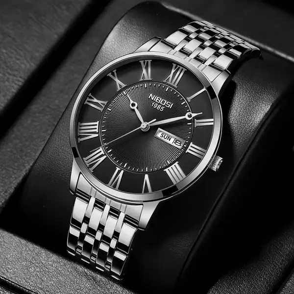 Nibosi 2569 Roman Number With Stainless Steel Analog Men's Watch – Dial Color: Black, Strap Color: White – View 3