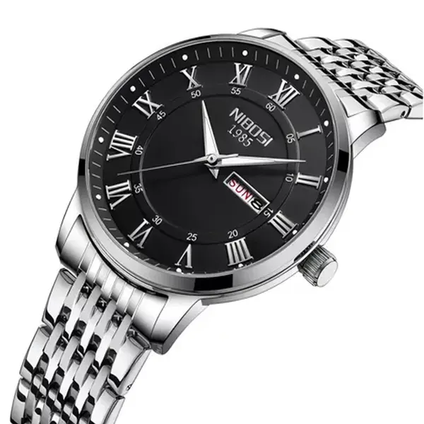 Nibosi 2569 Roman Number With Stainless Steel Analog Men's Watch – Dial Color: Black, Strap Color: White – View 2