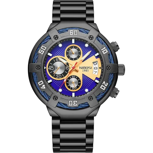 Nibosi 2577 Multifunctional Stainless Steel Fashionable Chronograph Analog Men's Watch – Dial Color: Purple, Strap Color: Black – View 1