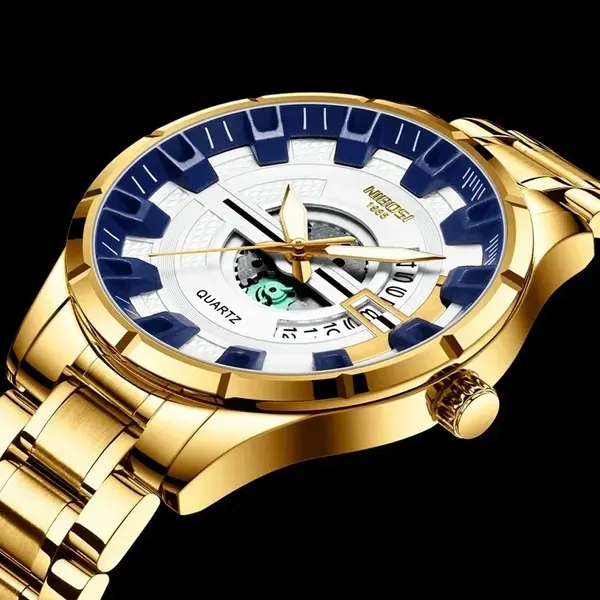 Nibosi 2383 Multifunctional Stainless Steel Fashionable Chronograph Analog Men's Watch – Dial Color: White, Strap Color: Gold – View 3