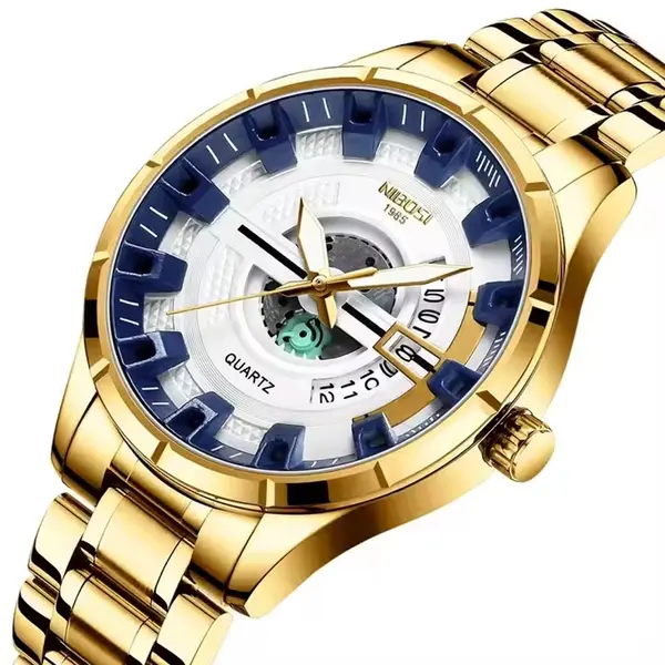 Nibosi 2383 Multifunctional Stainless Steel Fashionable Chronograph Analog Men's Watch – Dial Color: White, Strap Color: Gold – View 2