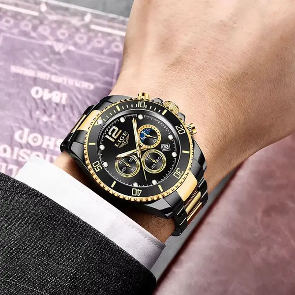 LIGE 8924 Analog Moon Phase High Quality Stainless Steel Men's Watch – Dial Color: Black, Strap Color: Black – View 2